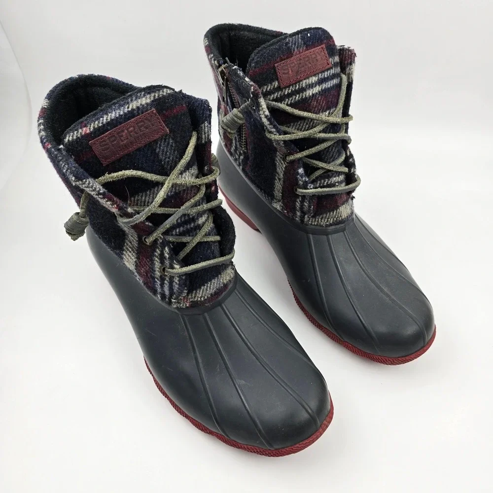 Sperry Saltwater‎ Duck Boots Womens 10 M Blue Red Wool Plaid Waterproof Rubber